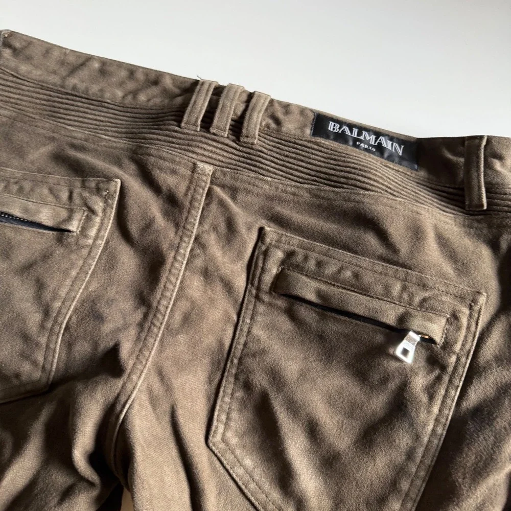BALMAIN Biker Pants Green Brown Moto Suede Ribbed Knee Men's Size 34 Distressed